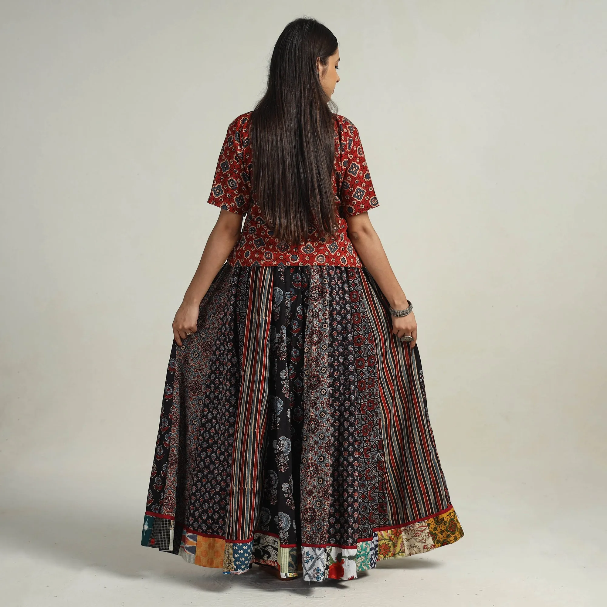 Multicolor - Kutch Block Printed 24 Kali Cotton Long Skirt 27