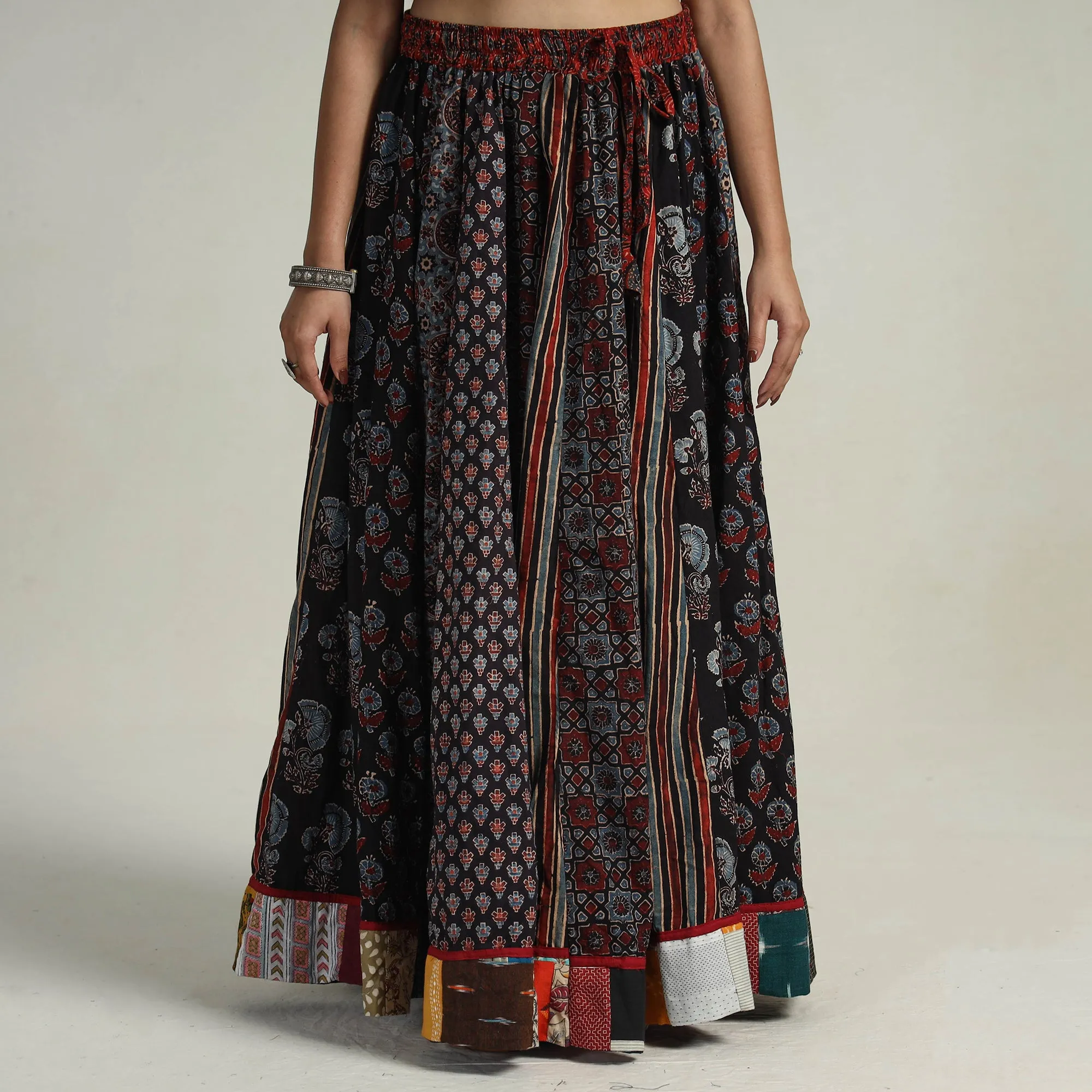 Multicolor - Kutch Block Printed 24 Kali Cotton Long Skirt 27