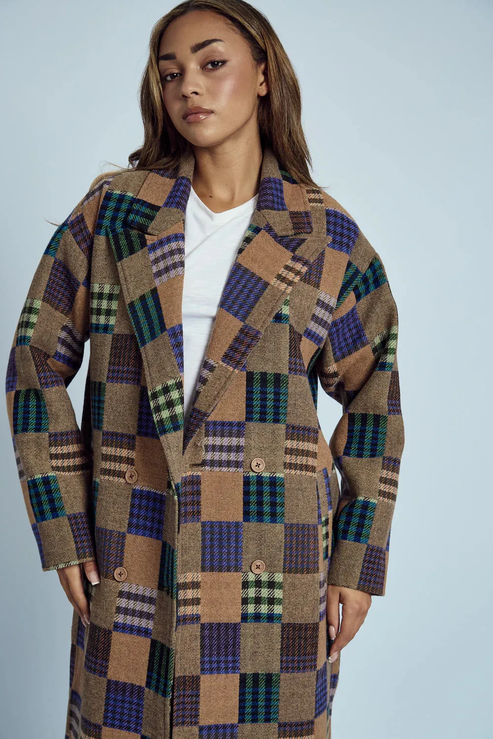 Native Youth - Longline Patchwork Patterned Wool Coat