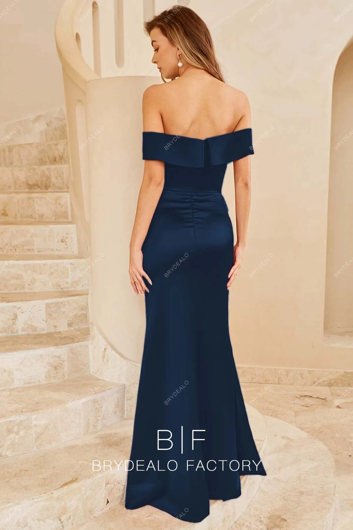 Navy Satin Off Shoulder Slit Mermaid Floor Length Gown