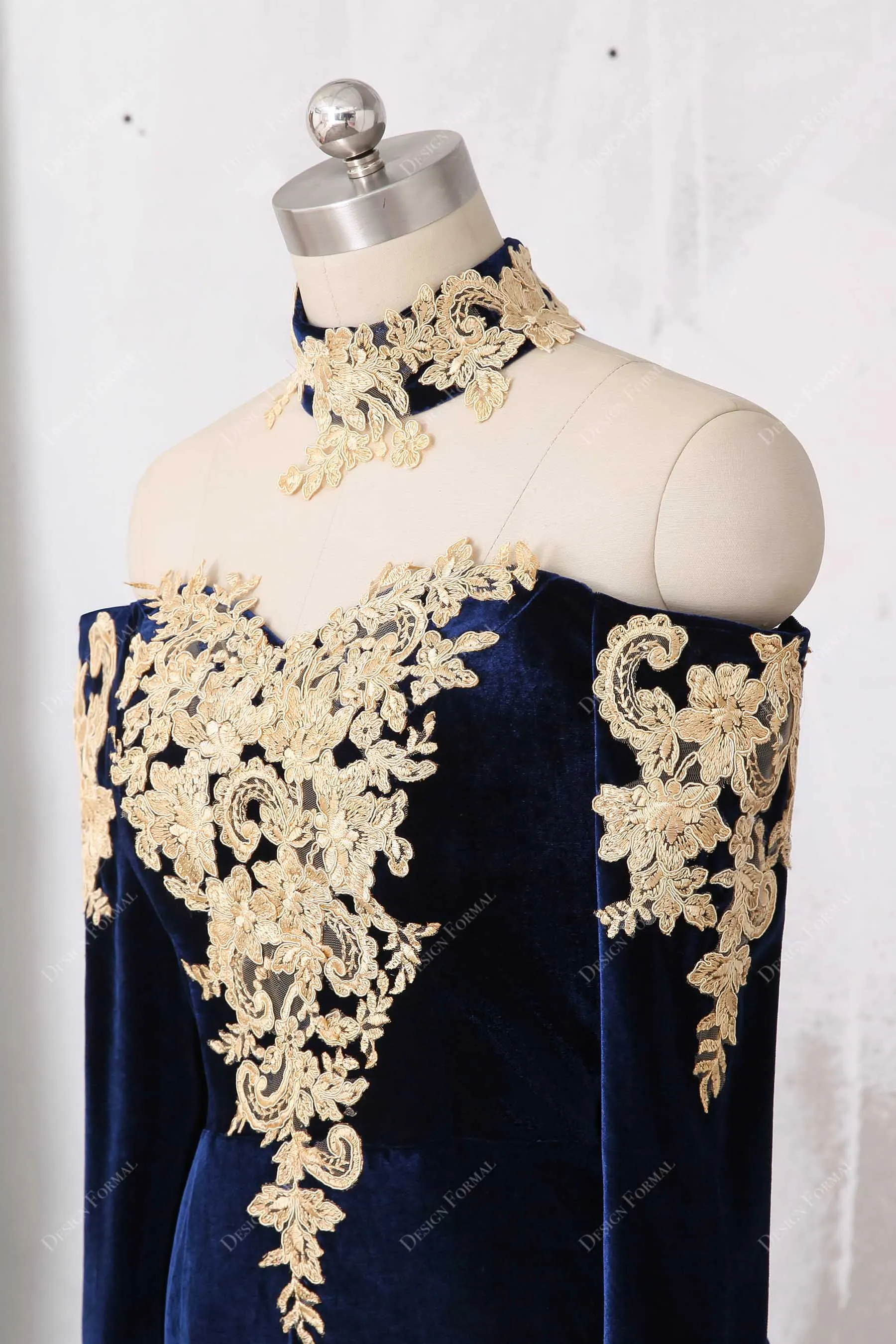 Navy Velvet Gold Lace Choker Plus Size Mermaid Sexy Slit Dress