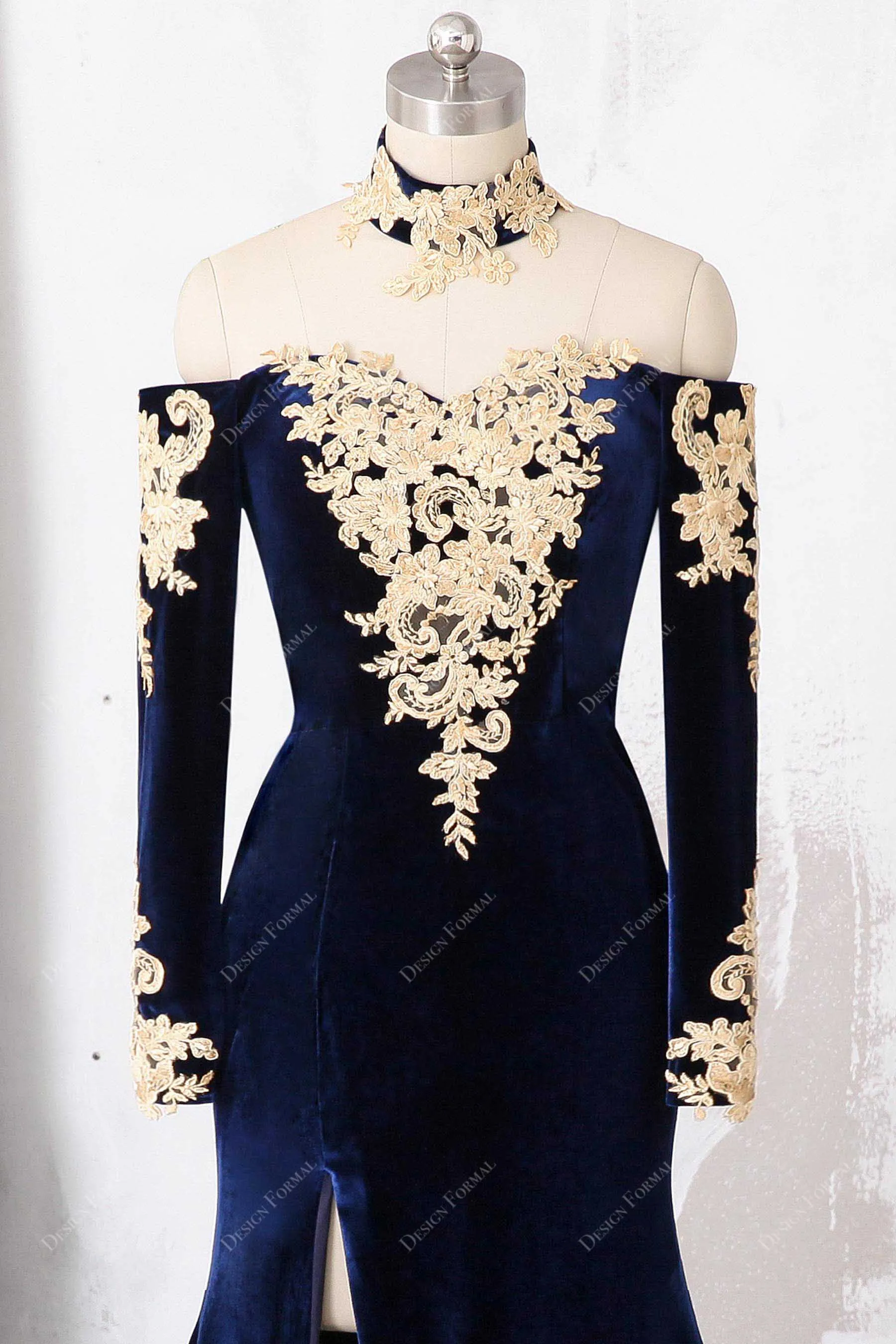 Navy Velvet Gold Lace Choker Plus Size Mermaid Sexy Slit Dress