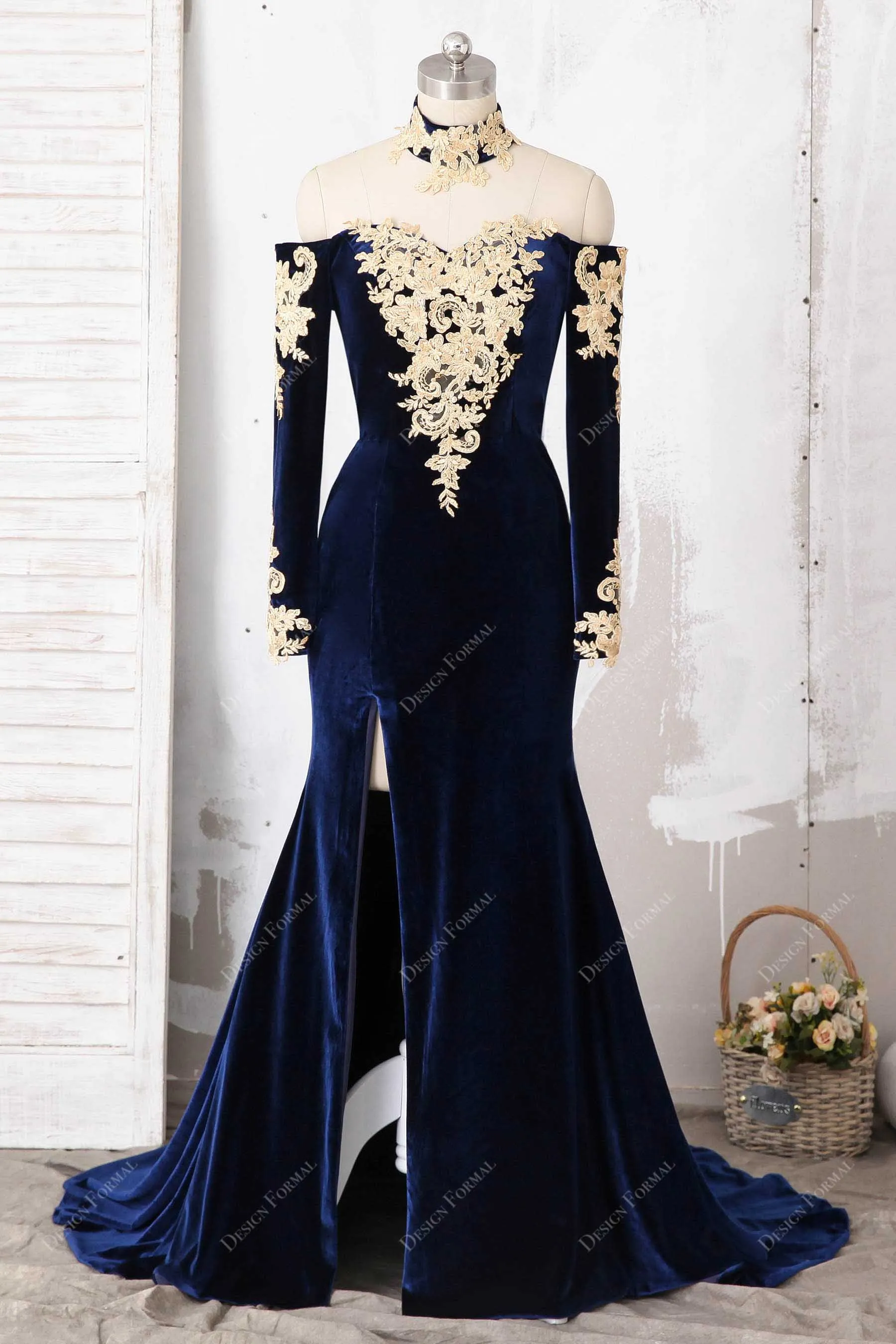 Navy Velvet Gold Lace Choker Plus Size Mermaid Sexy Slit Dress