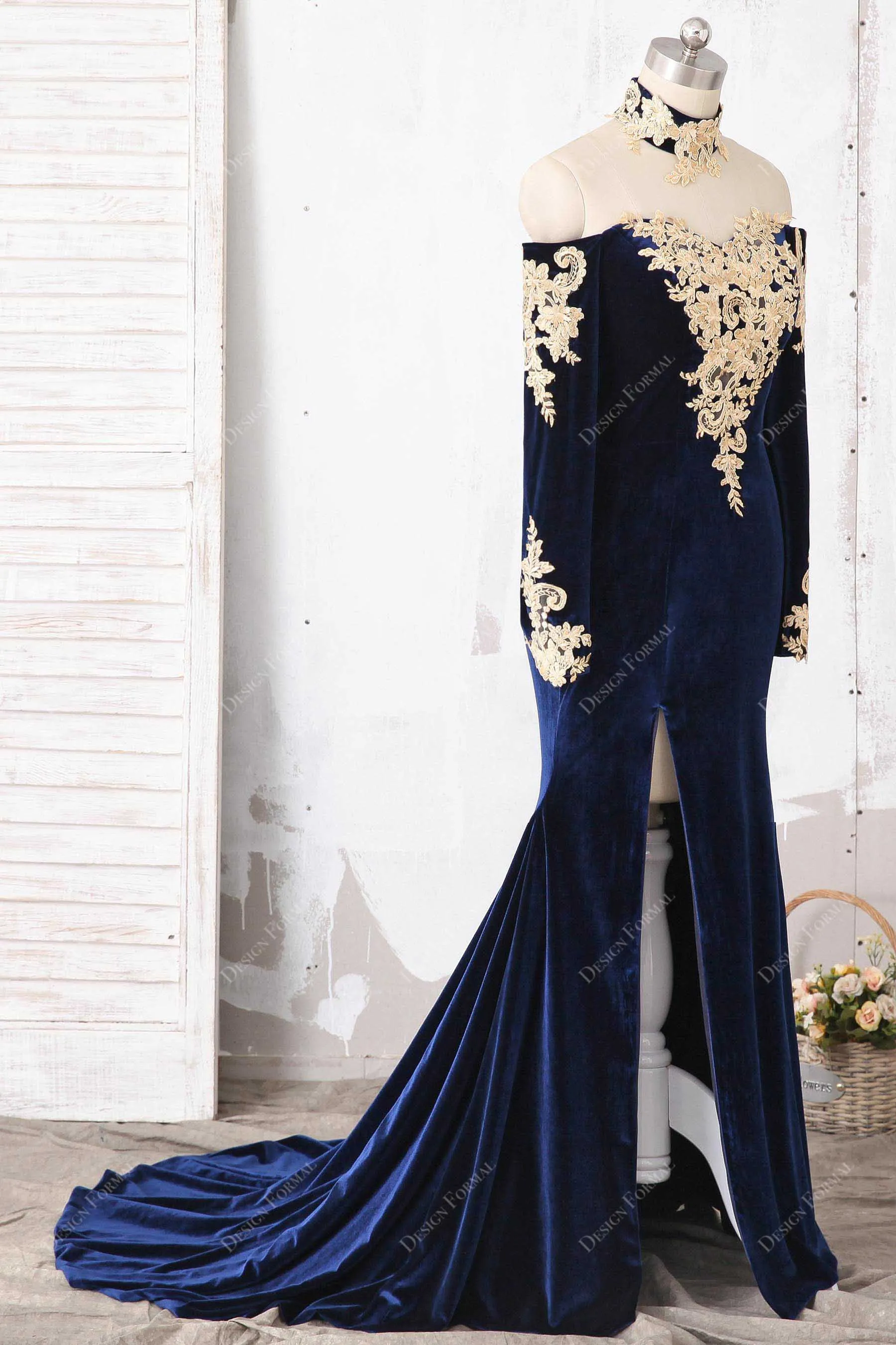 Navy Velvet Gold Lace Choker Plus Size Mermaid Sexy Slit Dress