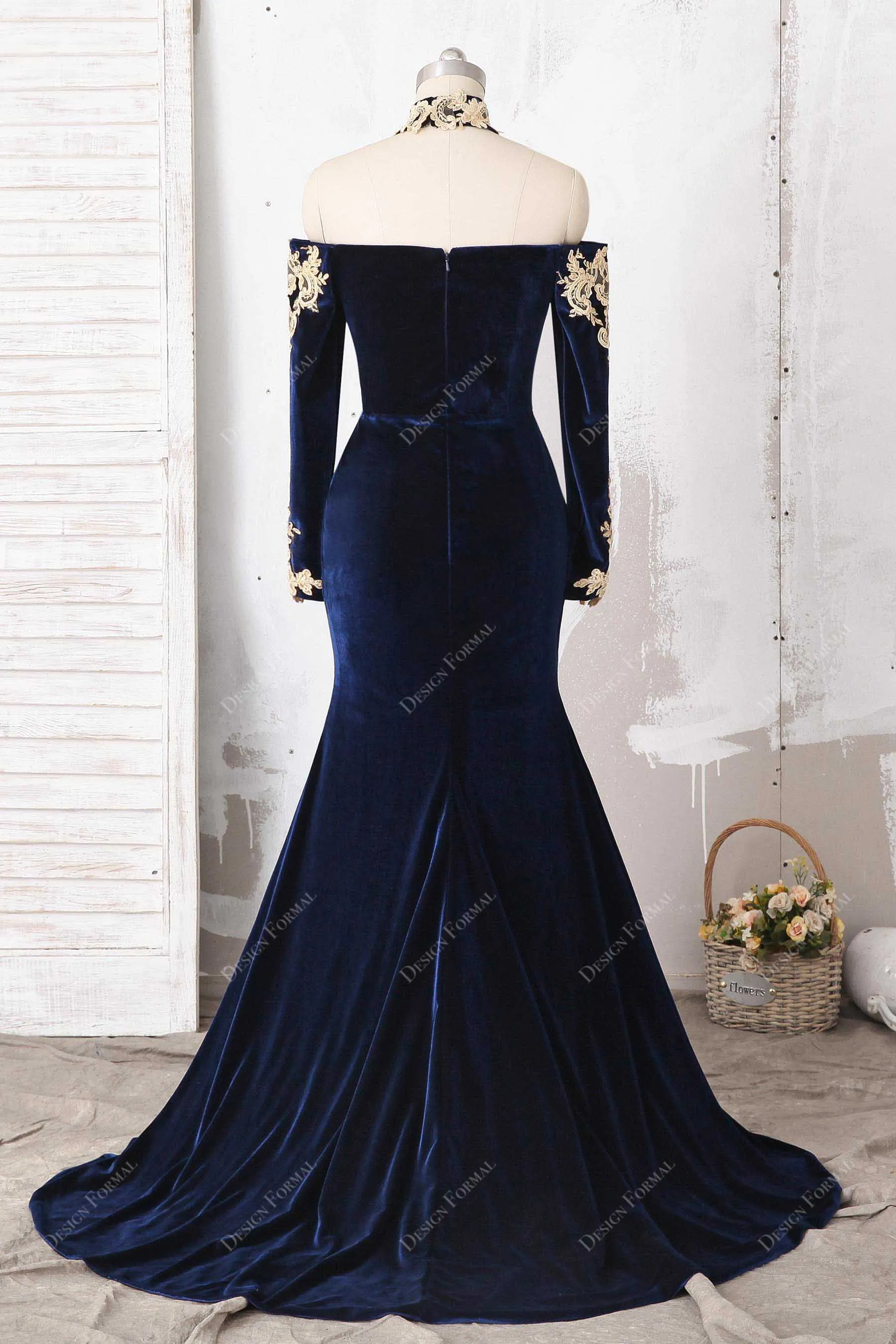 Navy Velvet Gold Lace Choker Plus Size Mermaid Sexy Slit Dress