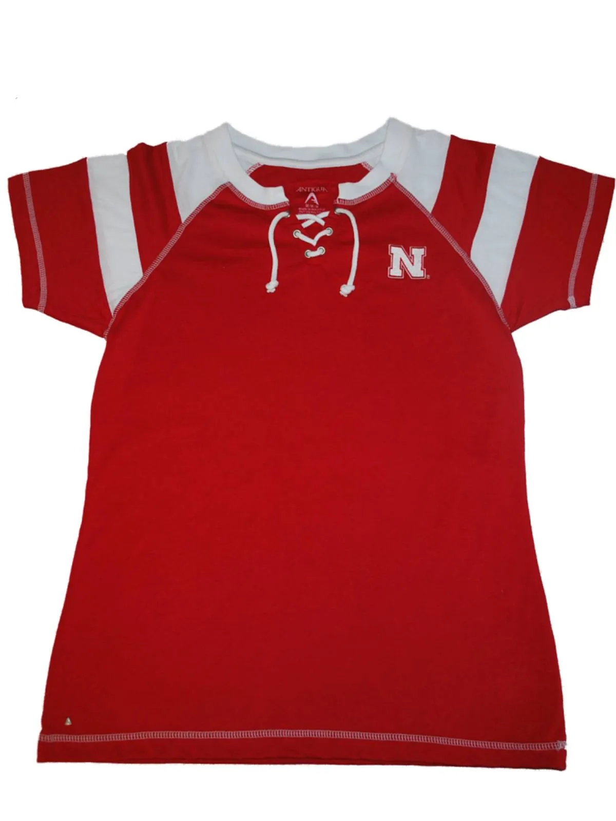 Nebraska Cornhuskers Antigua Women Red White Striped Tie Neck T-Shirt (M)