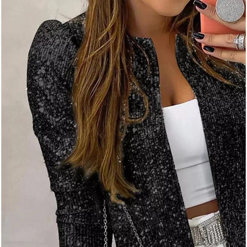 New Women's Fashion Stand-up Collar Color Block Color Sequin Coat Short Casual Versatile Small Coat