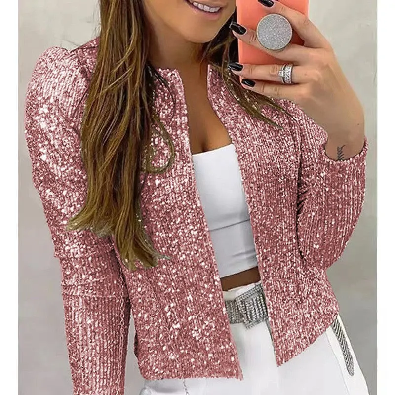 New Women's Fashion Stand-up Collar Color Block Color Sequin Coat Short Casual Versatile Small Coat