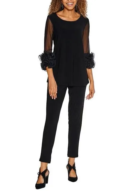 Nina Leonard boat neck ruffled cuff illusion sleeve jersey top with elastic waist pant