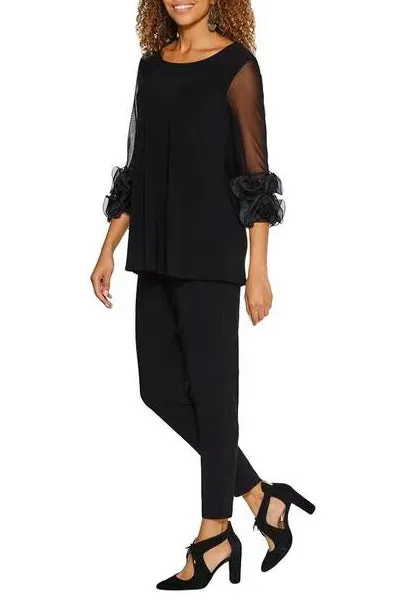 Nina Leonard boat neck ruffled cuff illusion sleeve jersey top with elastic waist pant