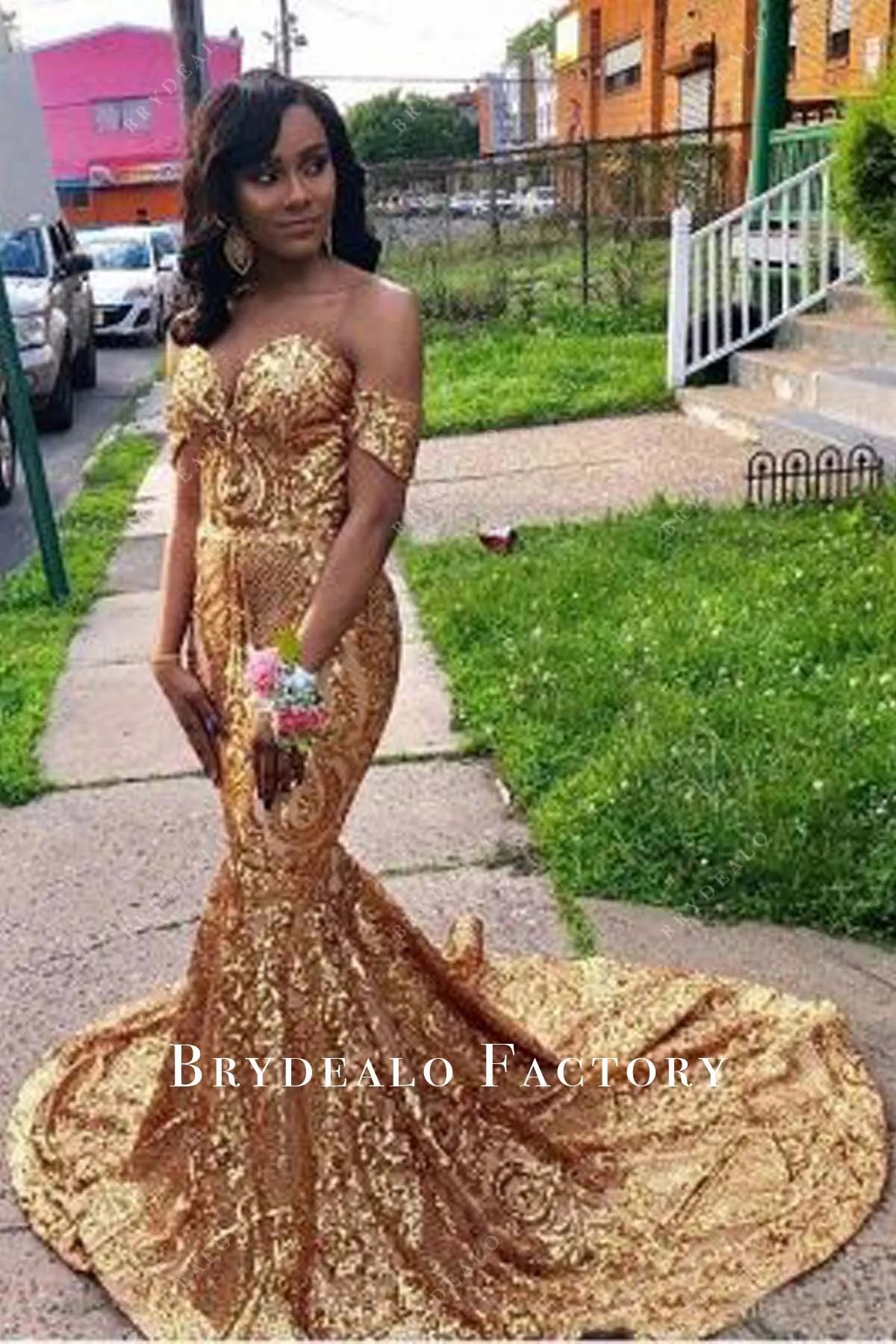 Off Shoulder Gold Unique Sequin Sparkly Corset Mermaid Prom Dress