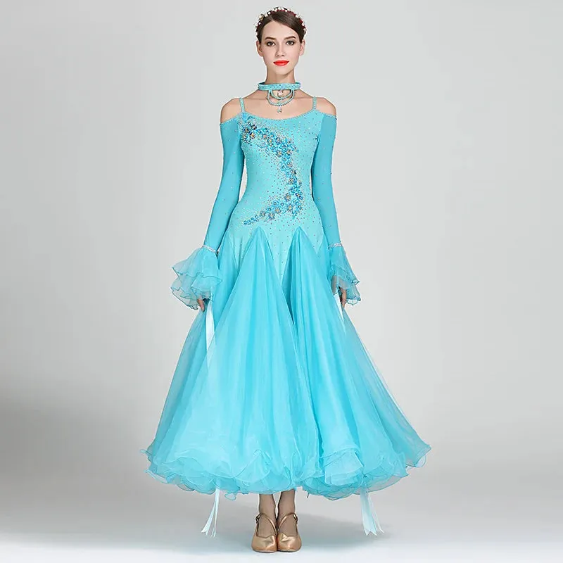 Off Shoulder Ribbon Ballroom Dance Dresses Competition Costumes