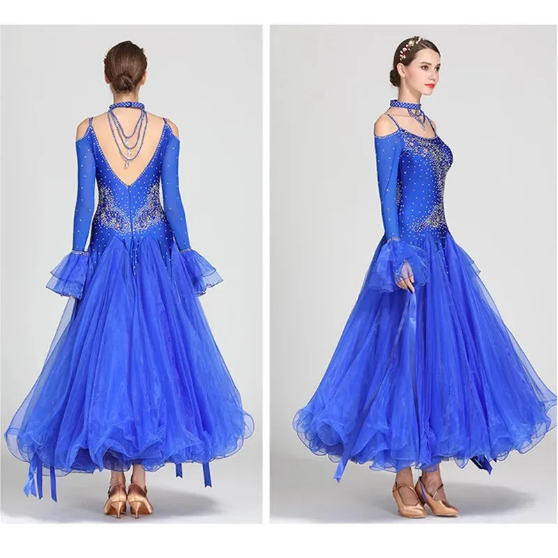 Off Shoulder Ribbon Ballroom Dance Dresses Competition Costumes