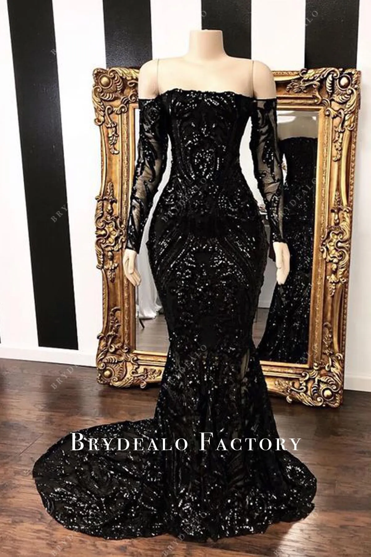 Off the Shoulder Black Unique Sequin Long Sleeve Mermaid Prom Gown