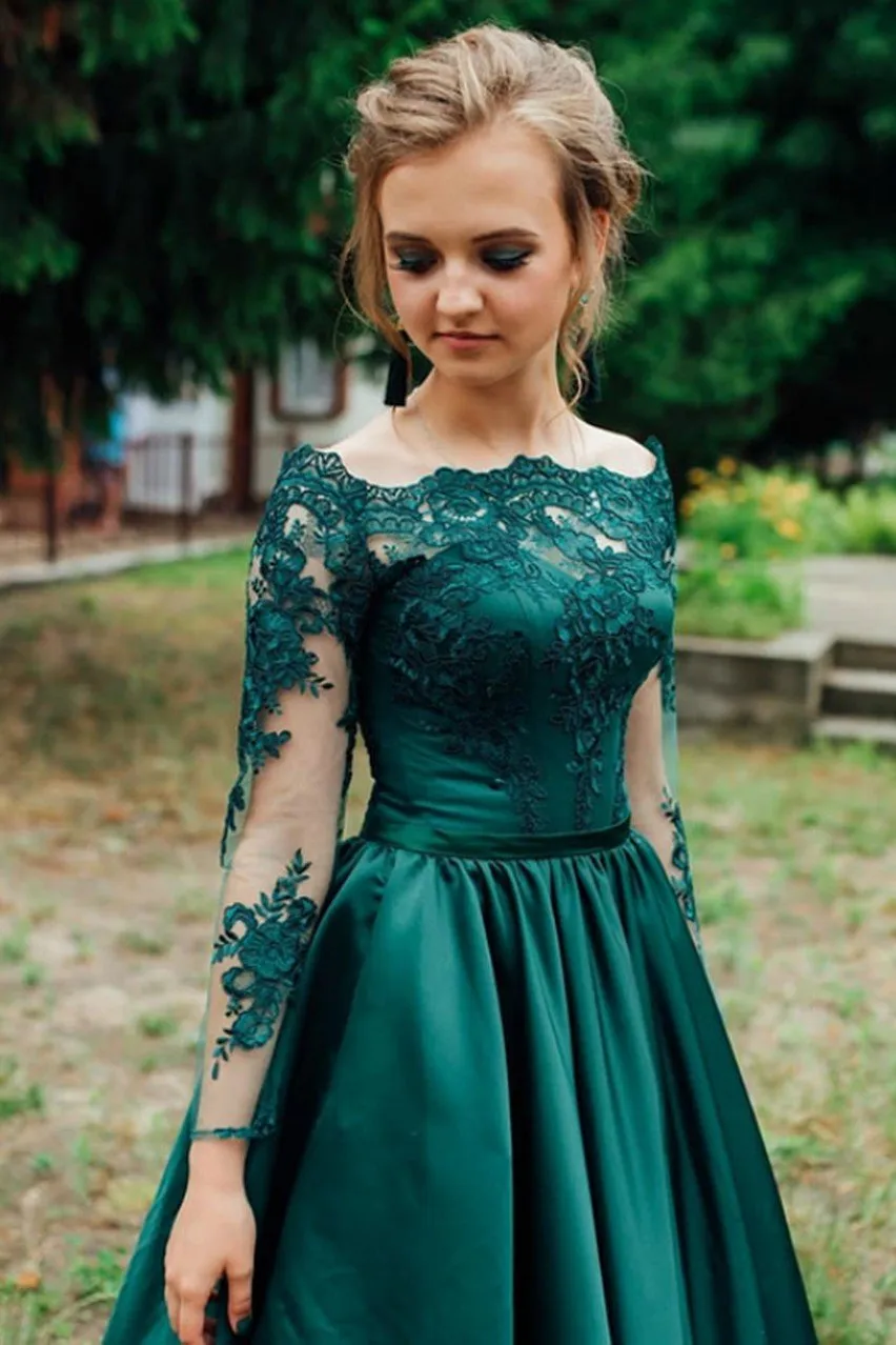 Off-the-shoulder Lace Long Sleeves Evening Dress Green Satin Skirt