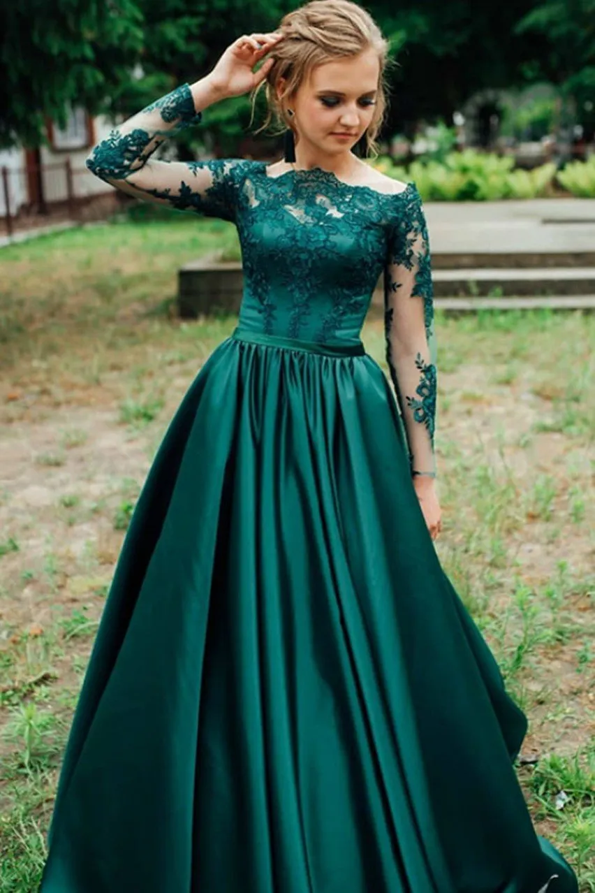 Off-the-shoulder Lace Long Sleeves Evening Dress Green Satin Skirt