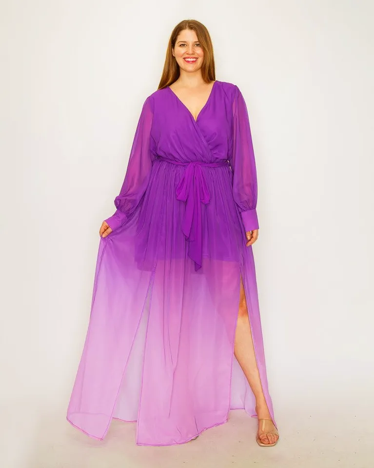 Ombre Chiffon Wrap Front Long Sleeve Tie Waist Slit Front Maxi Dress