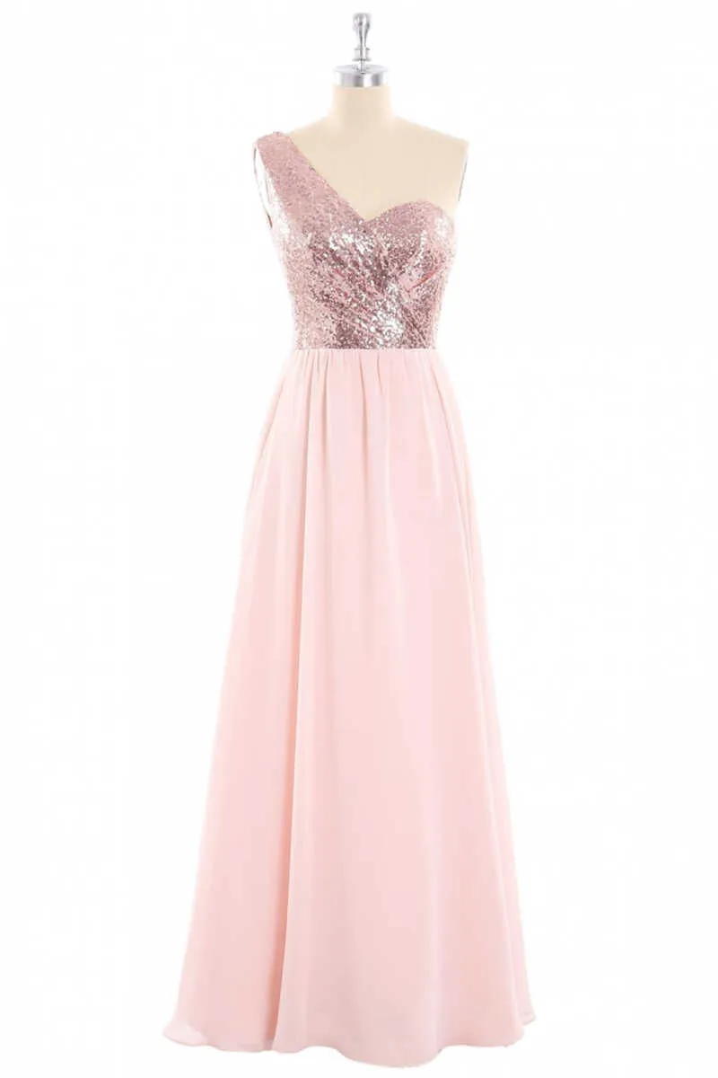 One-Shoulder Sequin and Chiffon A-Line Long Bridesmaid Dress