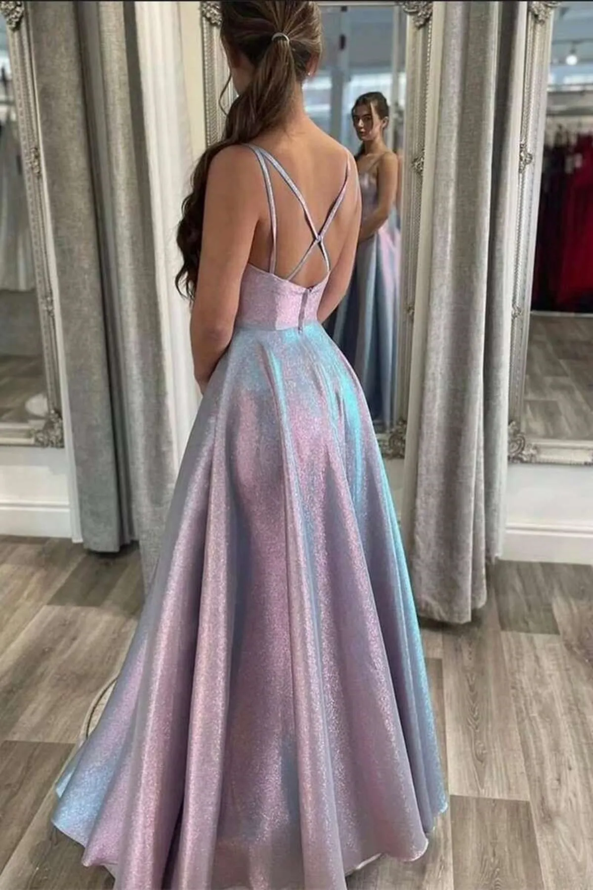 Open Back Silver Satin Long Prom Dress, Long Silver Formal Graduation Evening Dress A1516