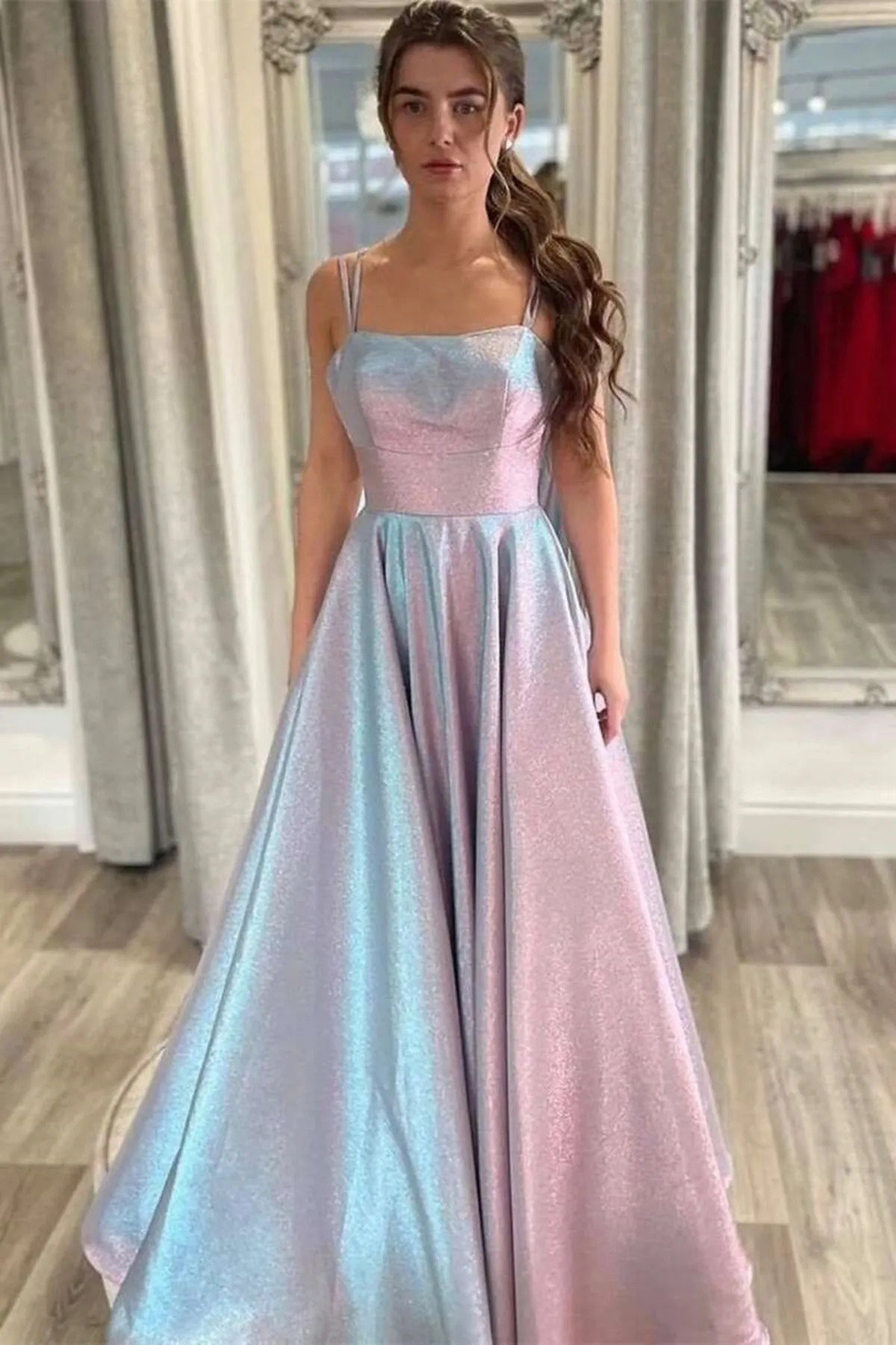 Open Back Silver Satin Long Prom Dress, Long Silver Formal Graduation Evening Dress A1516