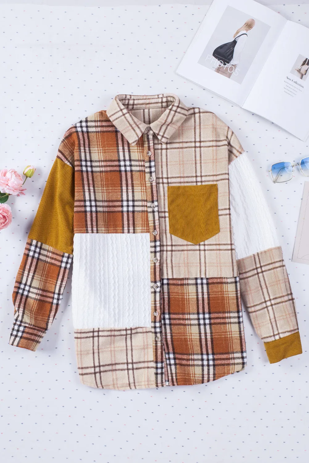 Orange Plaid Color Block Patchwork Pocket Shirt Shacket