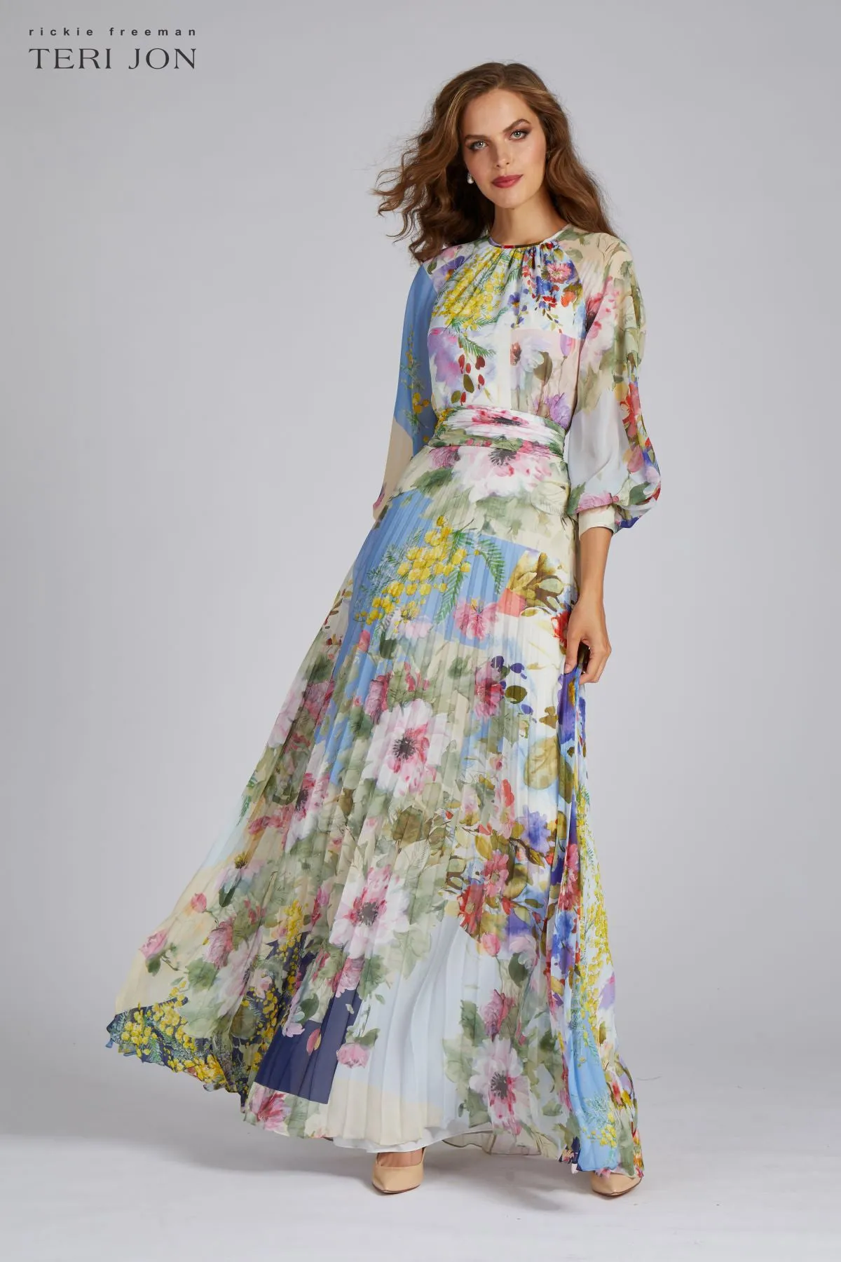 Patchwork Print Pleated Chiffon Maxi Gown