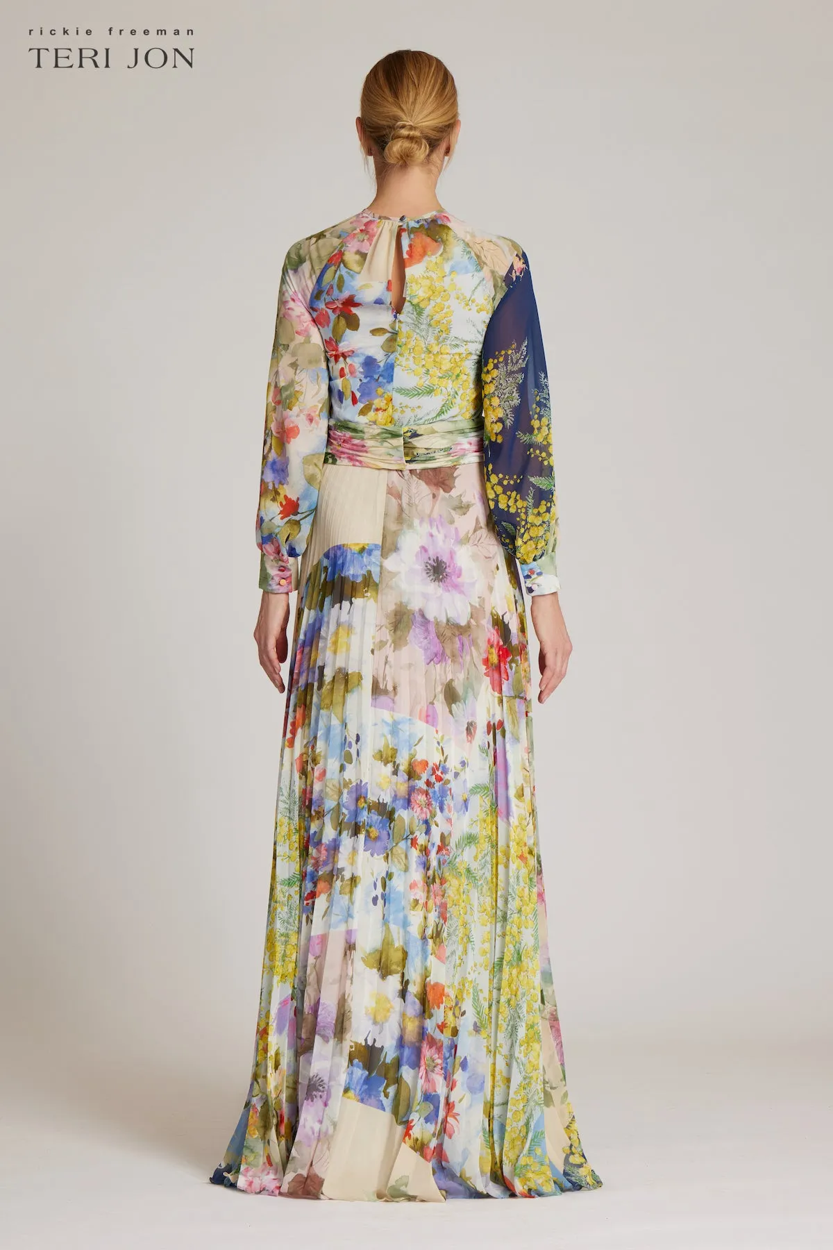 Patchwork Print Pleated Chiffon Maxi Gown