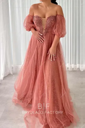 Peach Lace Off Shoulder Plunging Long Prom Formal Dress