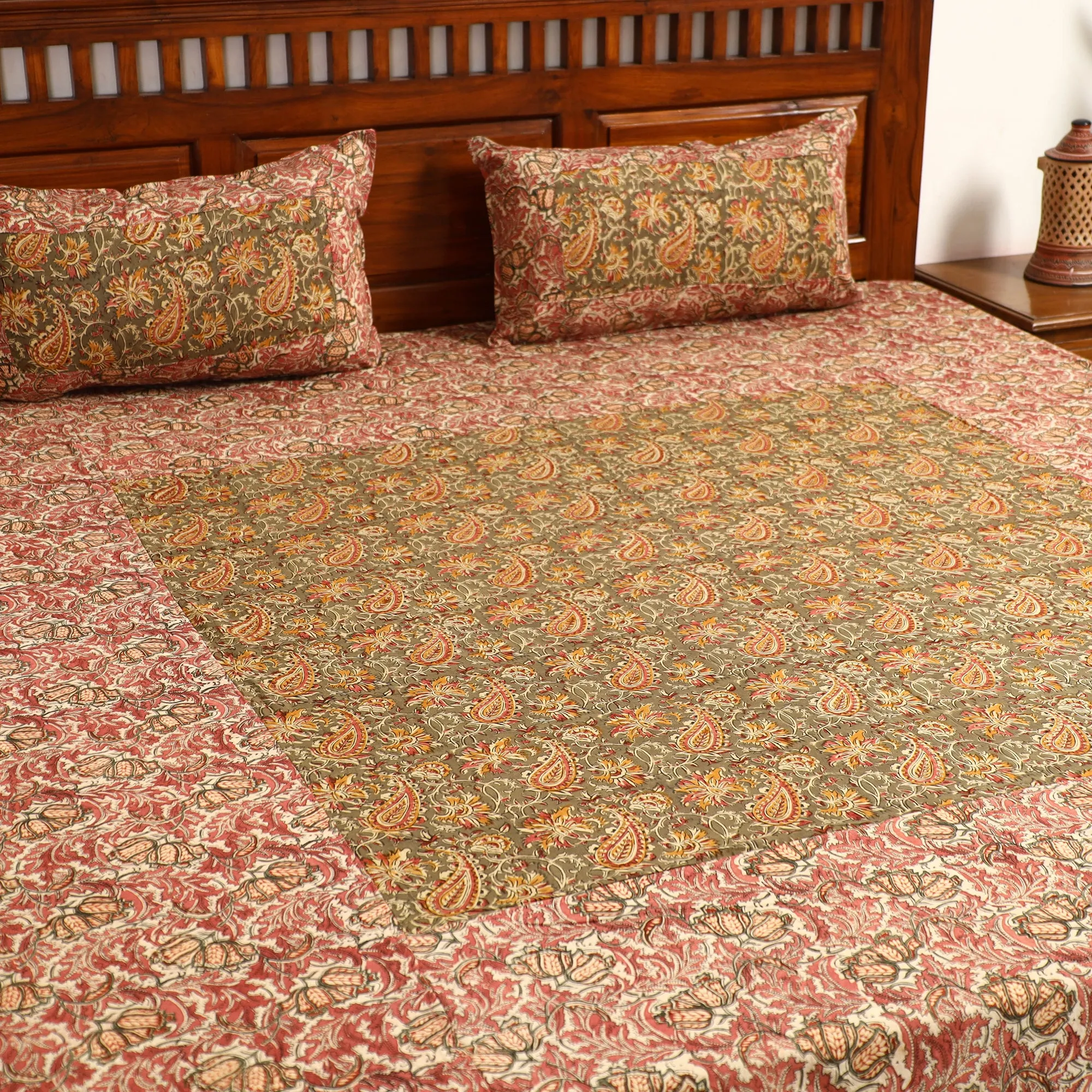 Pink - Kalamkari Block Printed Patchwork Cotton Double Bed Cover With Pillow Covers (108 x 90 in)