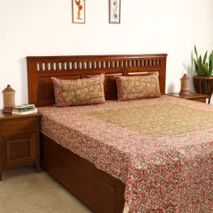 Pink - Kalamkari Block Printed Patchwork Cotton Double Bed Cover With Pillow Covers (108 x 90 in)