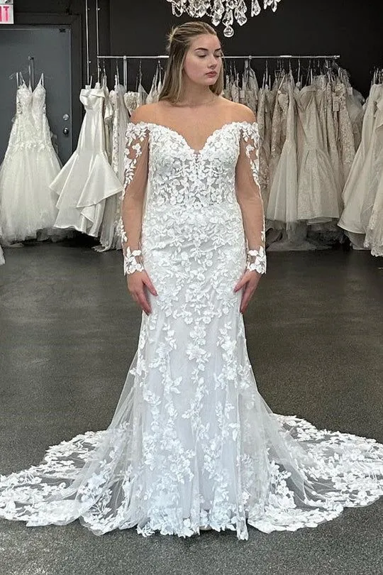 Plus Size Off Shoulder Long Sleeved Lace Wedding Dress