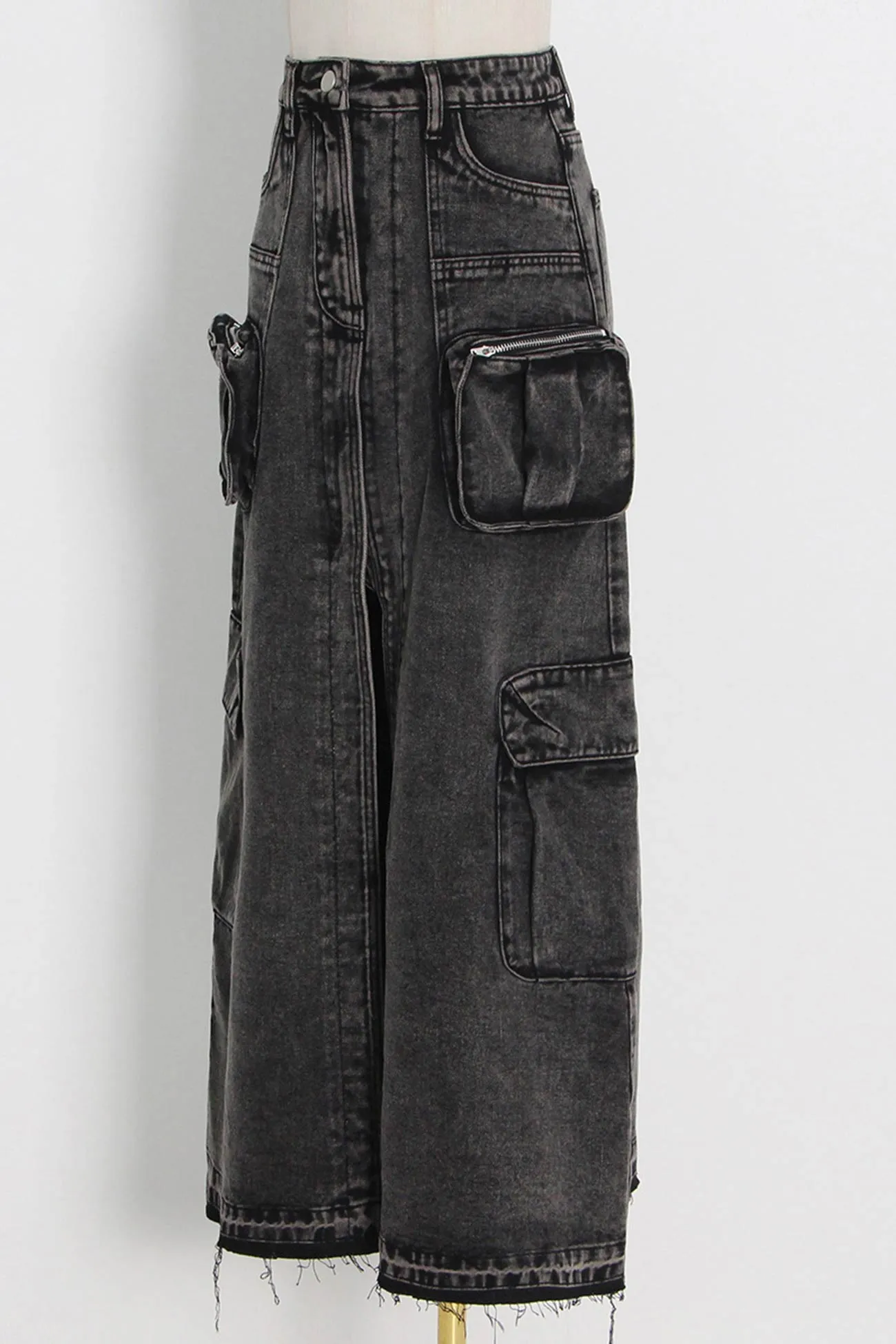 Pocket Patchwork Slit A-line Denim Cargo Skirt