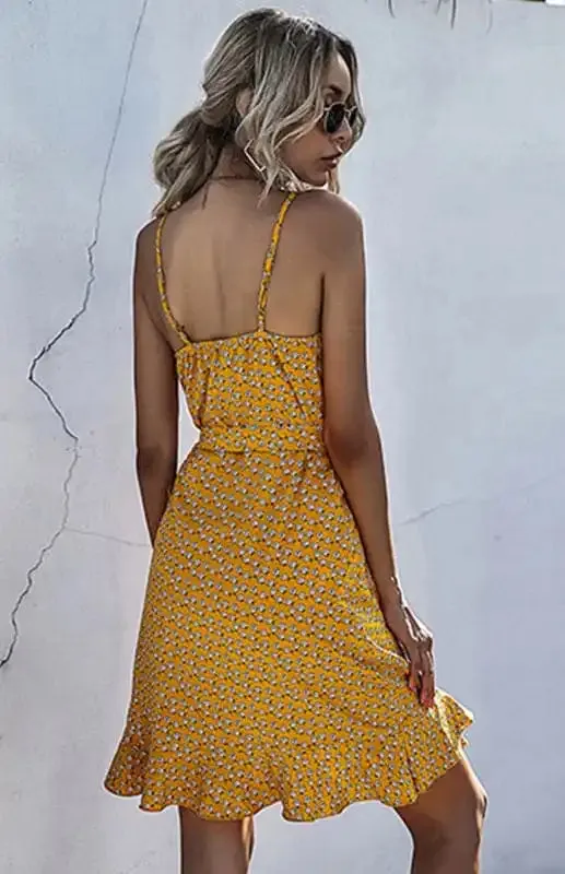 Printed Ruffled Lace-up Beach Slip Dress