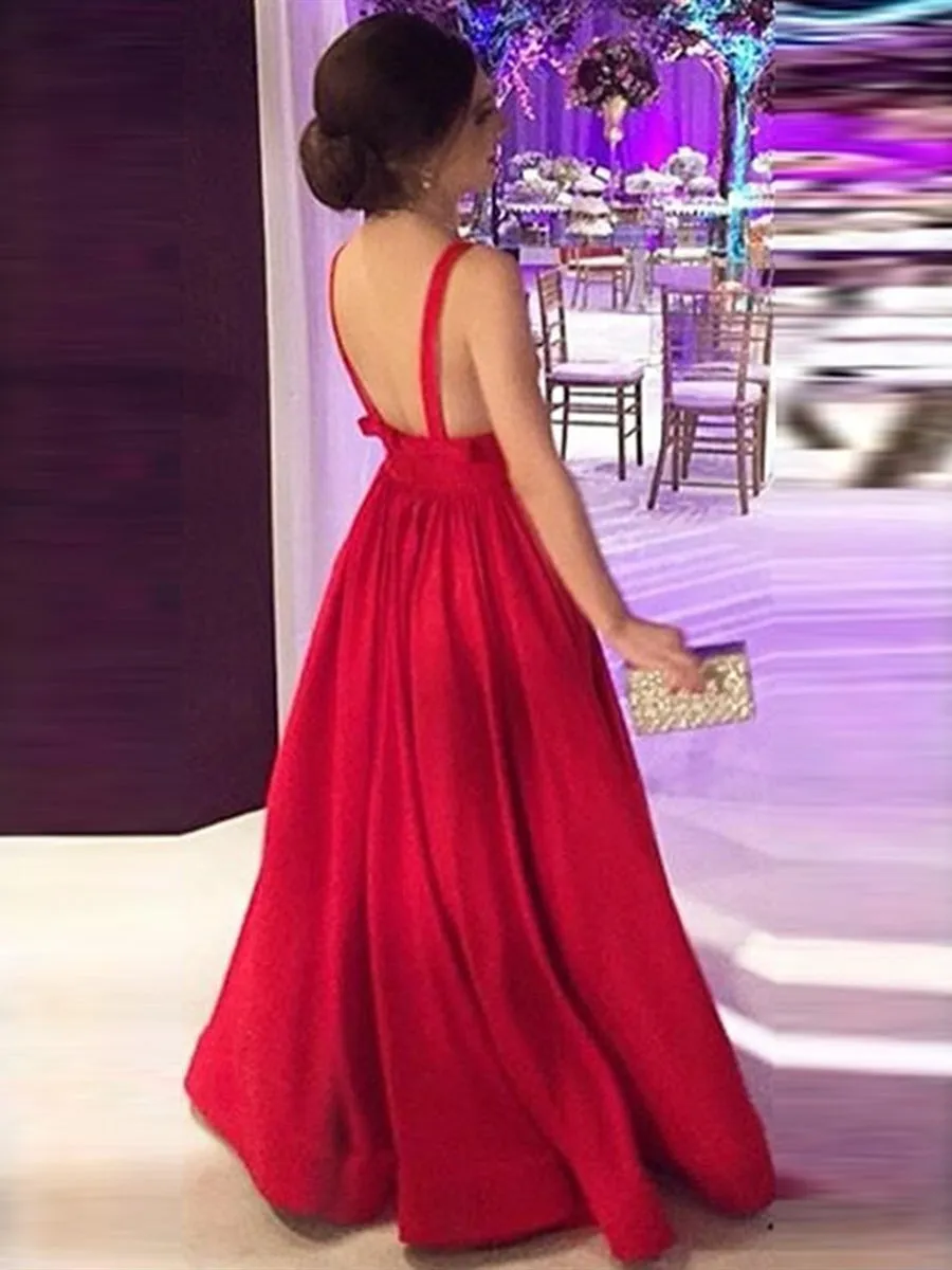 Red A Line V Neck Backless Long Prom, V Neck Red Formal, Red Evening Graduation