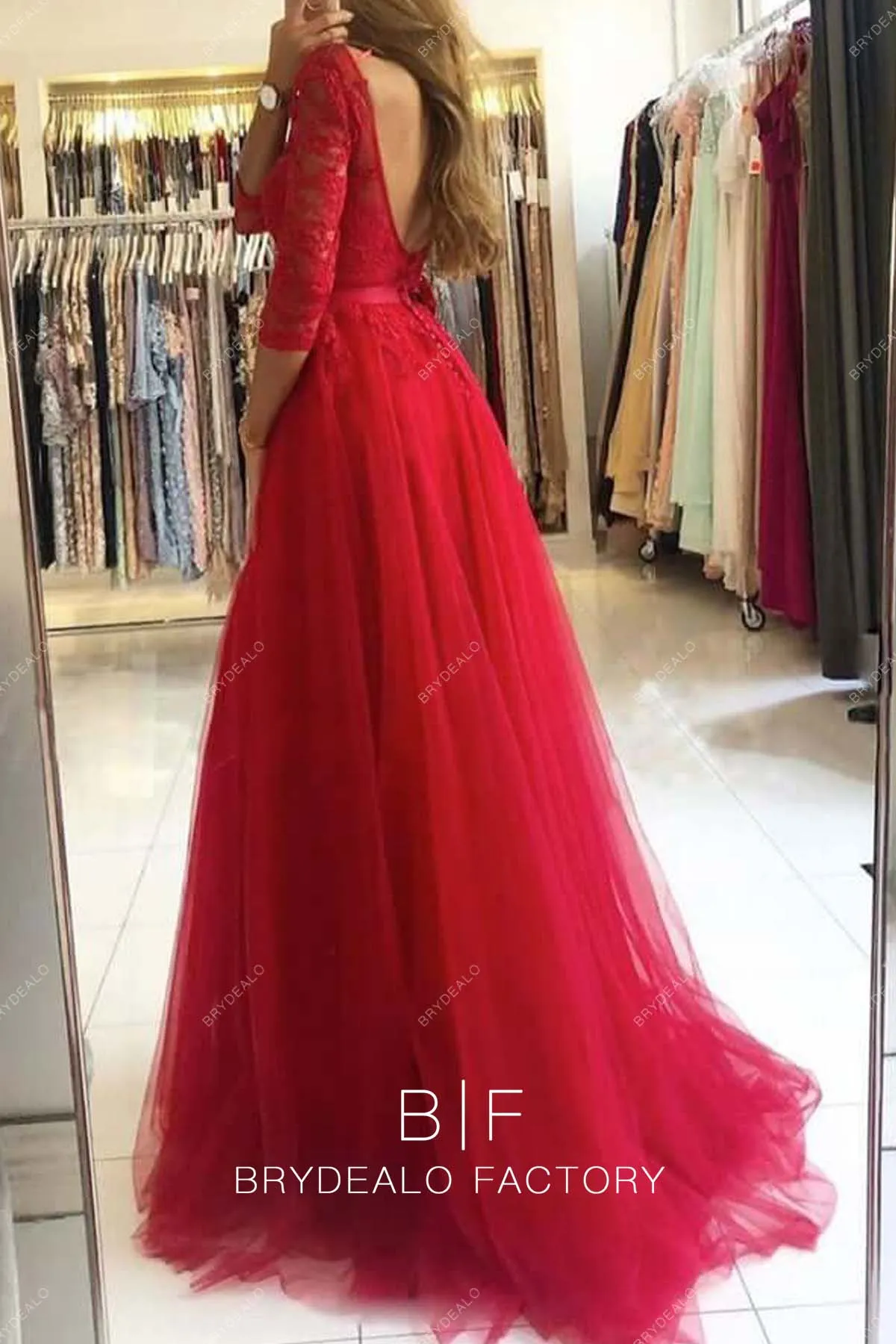 Red Lace 3/4 Sleeves A-line Slit Tulle Long Formal Dress