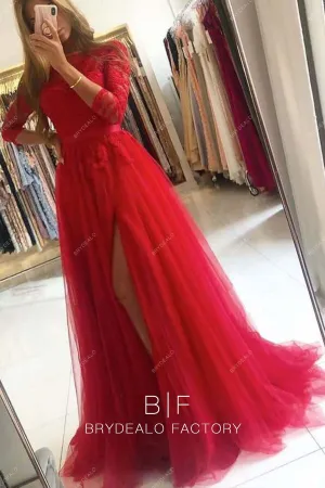 Red Lace 3/4 Sleeves A-line Slit Tulle Long Formal Dress