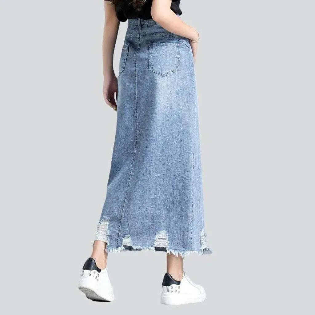 Ripped slit long denim skirt