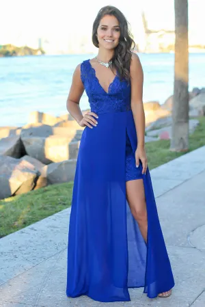 Royal Blue Embroidered Maxi Dress with Side Slit