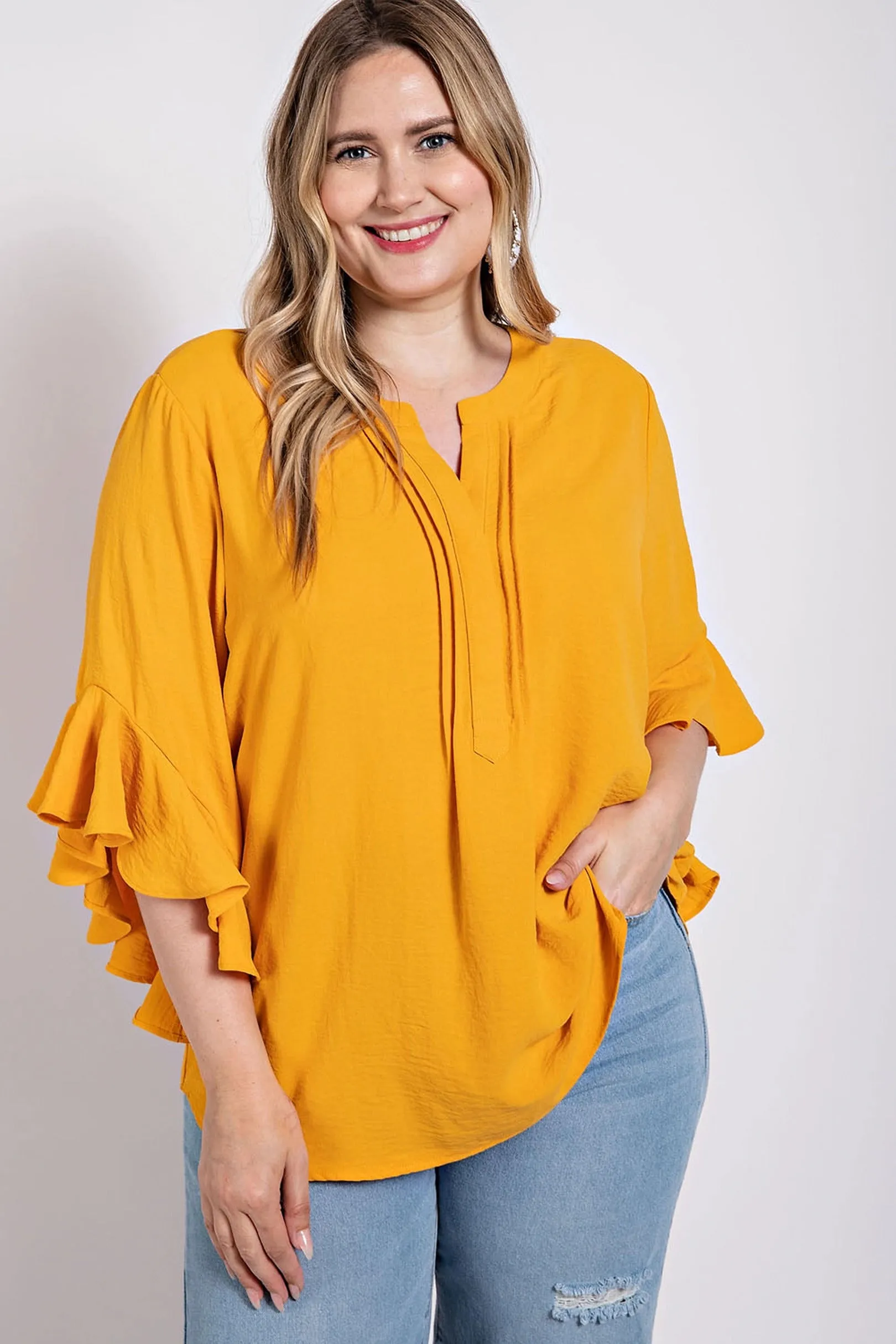 Ruffled Bell Sleeve And Front Pleated Detail Top