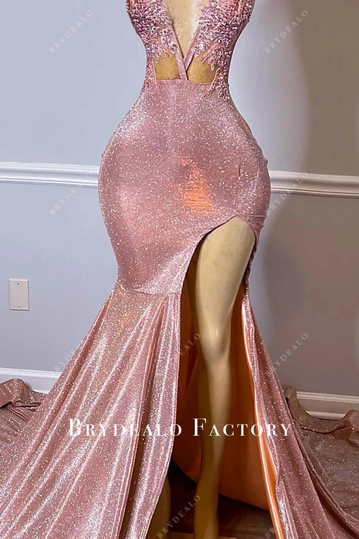 Rusty Glitter Plunging Halter Neck Long Train Mermaid Prom Dress