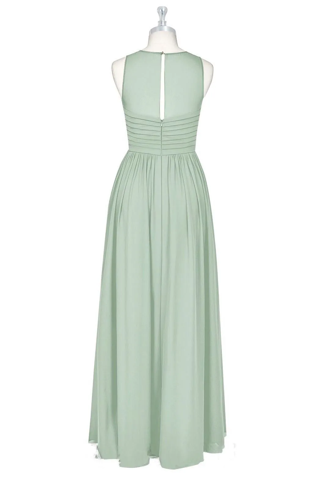 Sage Green Chiffon Sheer Neck A-Line Long Bridesmaid Dress