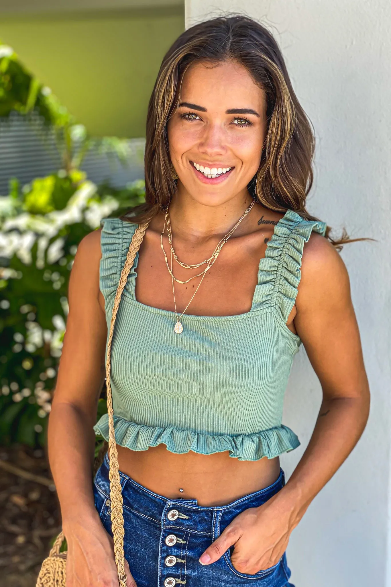 Sage Ruffled Crop Top