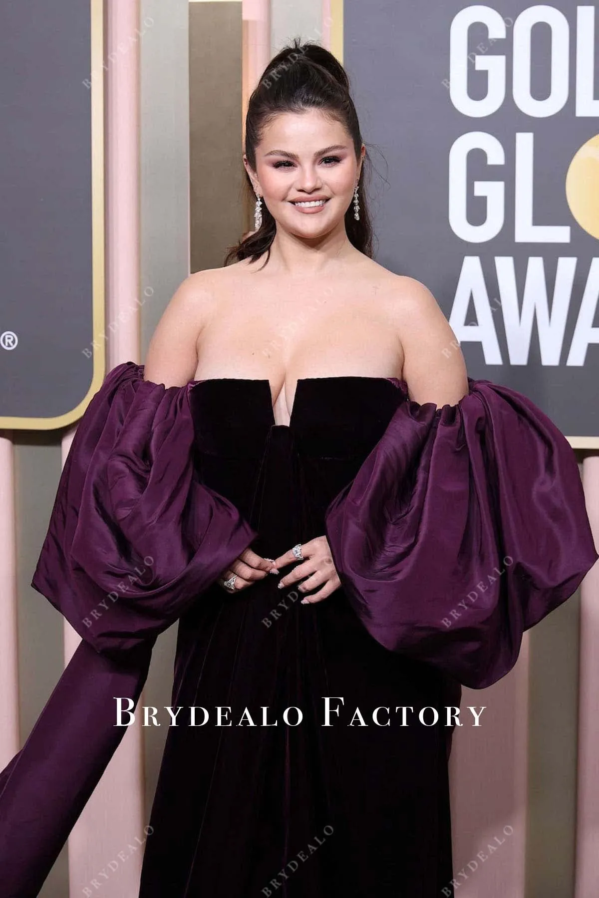 Selena Gomez Grape Velvet 2023 Golden Globes Awards Dress