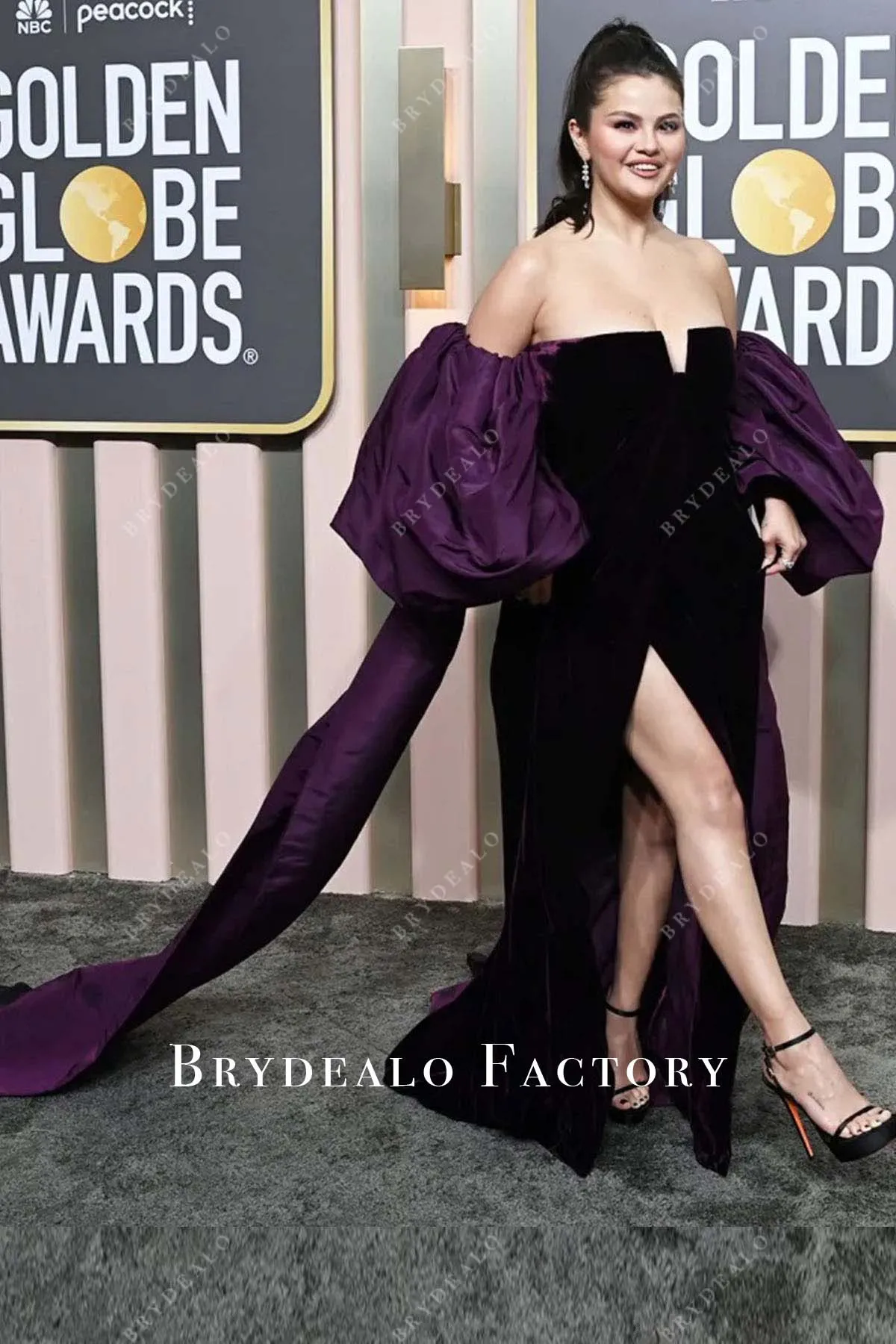 Selena Gomez Grape Velvet 2023 Golden Globes Awards Dress