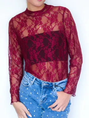 Sheer Lace Layering Top- Crimson