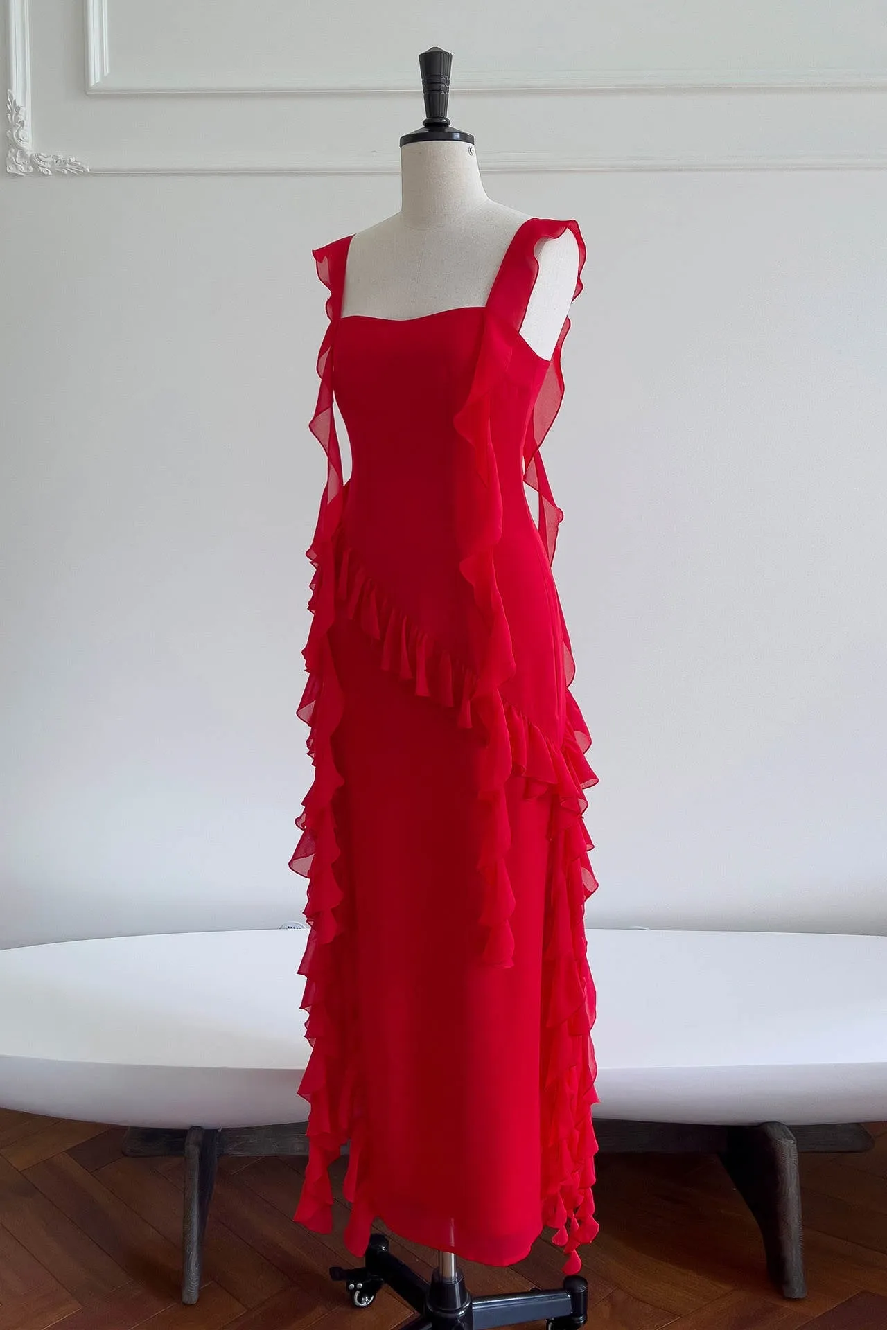 Square Neck Red Ruffle Chiffon Long Party Dress