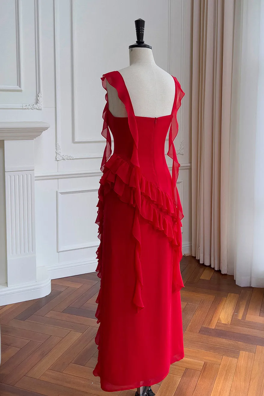 Square Neck Red Ruffle Chiffon Long Party Dress