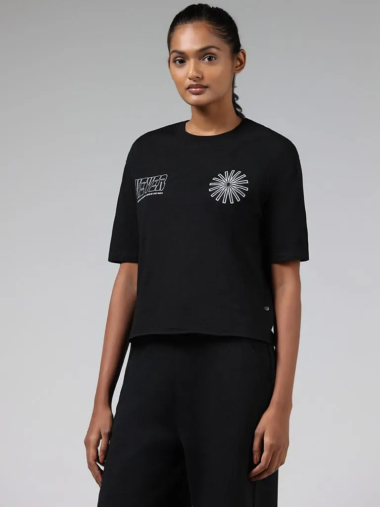 Studiofit Black Embroidered Cotton Blend T-Shirt