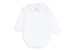 Swiss White Cotton Bodysuit with Dark & Light Gray Embroidered Collar