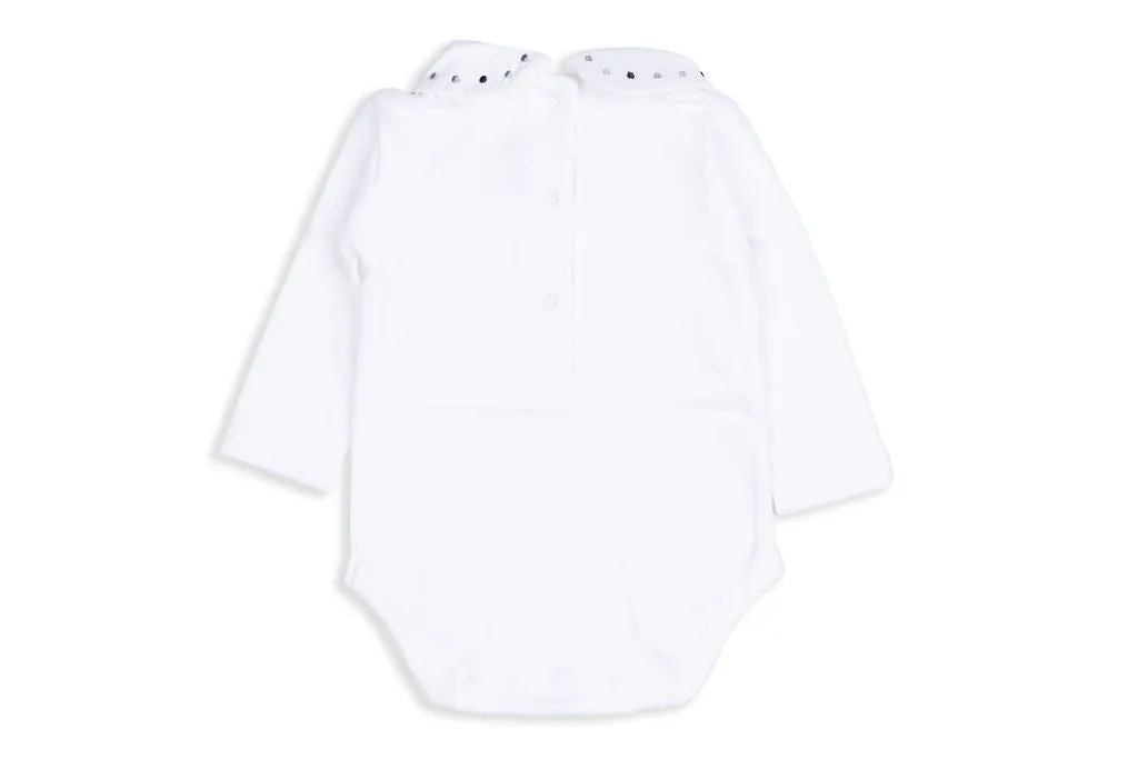 Swiss White Cotton Bodysuit with Dark & Light Gray Embroidered Collar